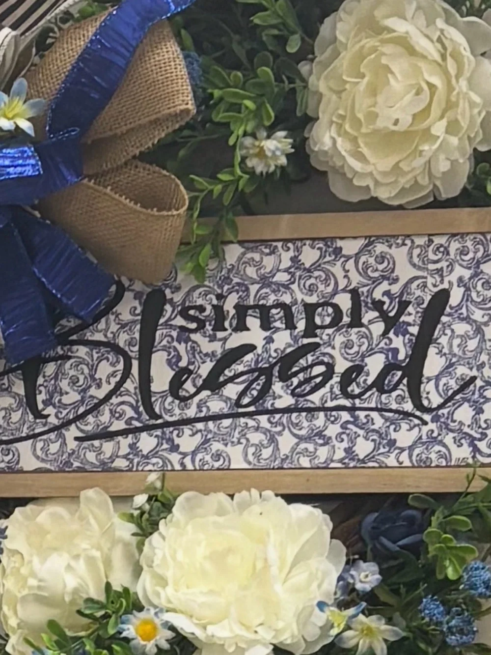 Hand Crafted Simply Blessed Wreath Blue/Cream Faux Florals Final Sa